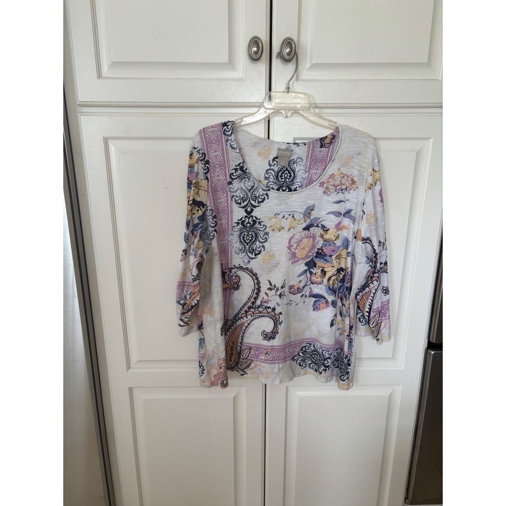 Chicos Floral Paisley Slub Knit Top 3/4 Sleeve Purple Blue White Size XL